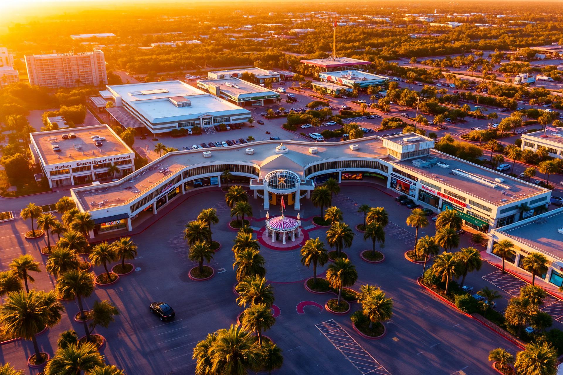 Aerial view of Northside Shopping Center in Miami at sunset